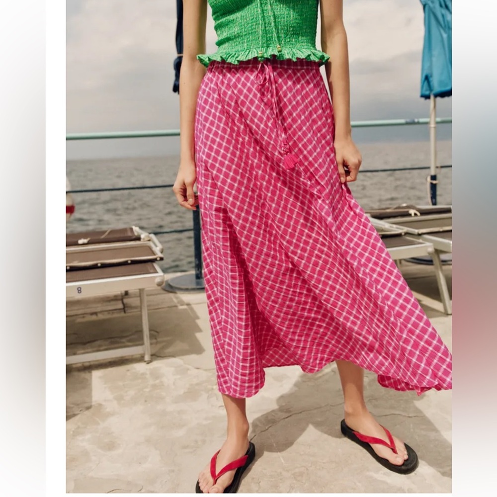 ZARA Fuchsia Pink Plaid Check Midi Skirt Tassel Tie Elastic Waist Boho A-Line